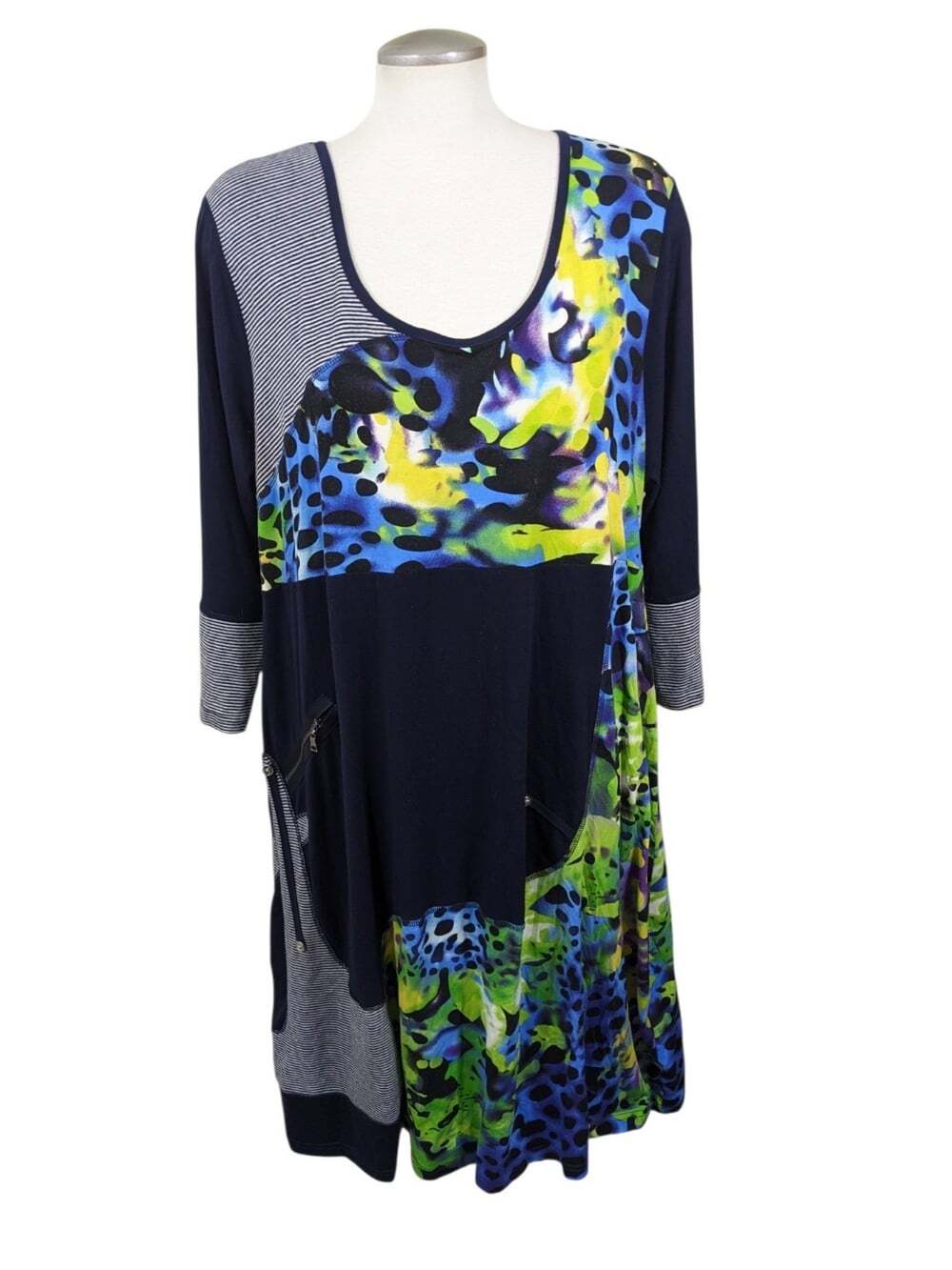 Linea Domani Mixed Print Midi Dress 2X Multicolour Artsy Art To Wear 3/4 Sleeve